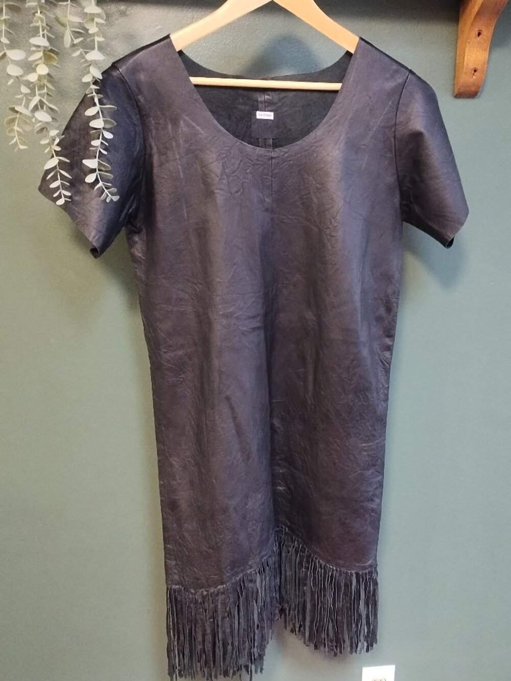 RtA | Black Crushed Leather Sheath Dress with Fringe Hem